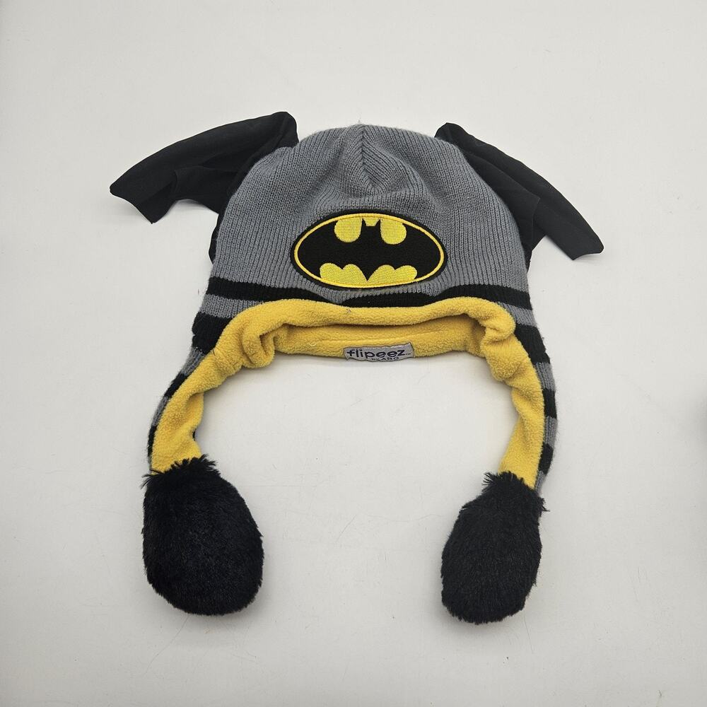 Batman Hat Cap Flipeez Snap Back Youth One Size‎ Gray Black Yellow Bat Ears Cozy